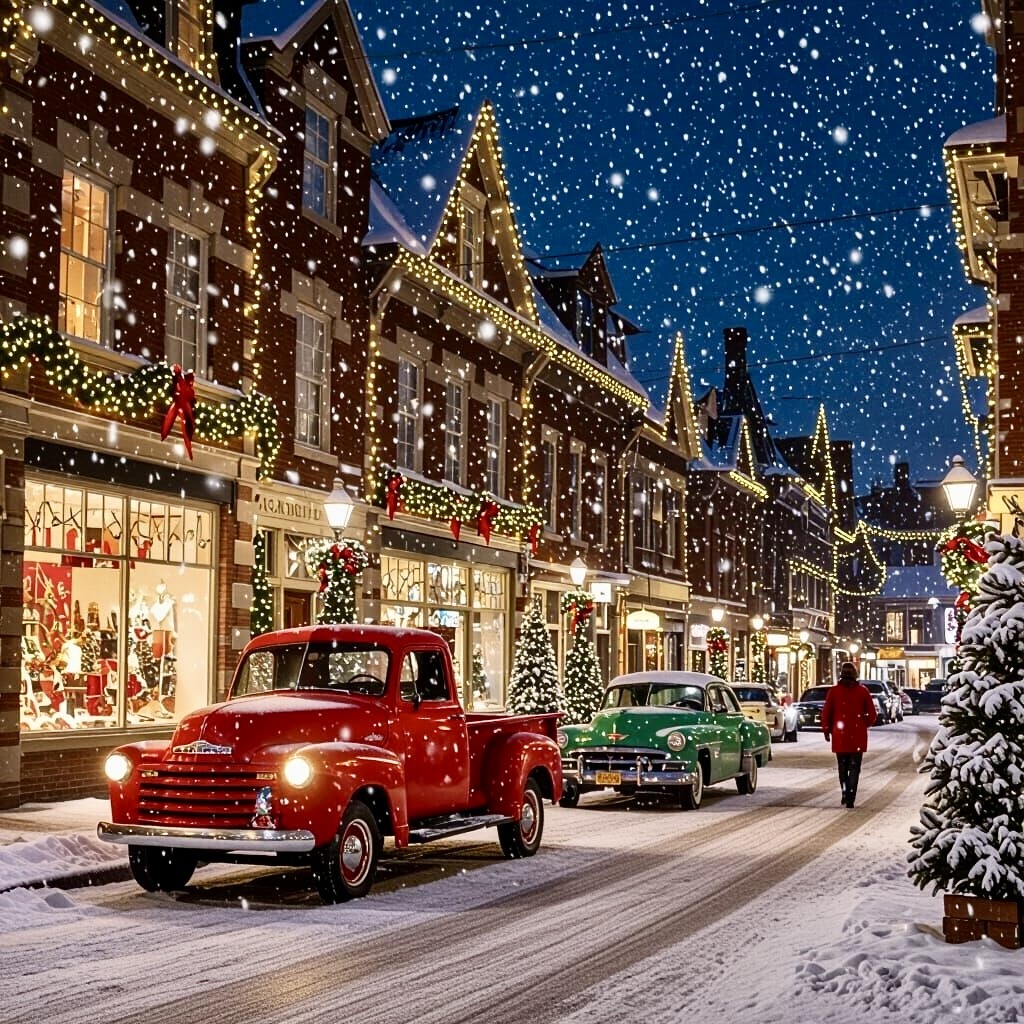 Vintage red truck on snowy Christmas street with decorated shops and string lights at night
