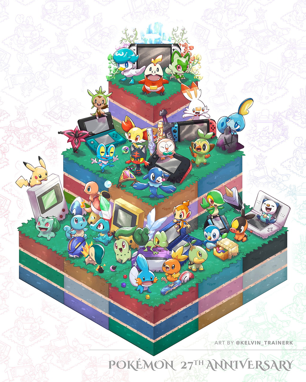 Illustrated Pokémon 27th Anniversary art with many Pokémon characters stacked on colorful layered platforms