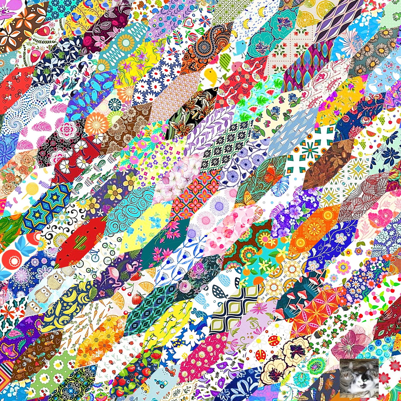 Colorful diagonal patchwork collage with varied patterns and textures in bright rainbow colors