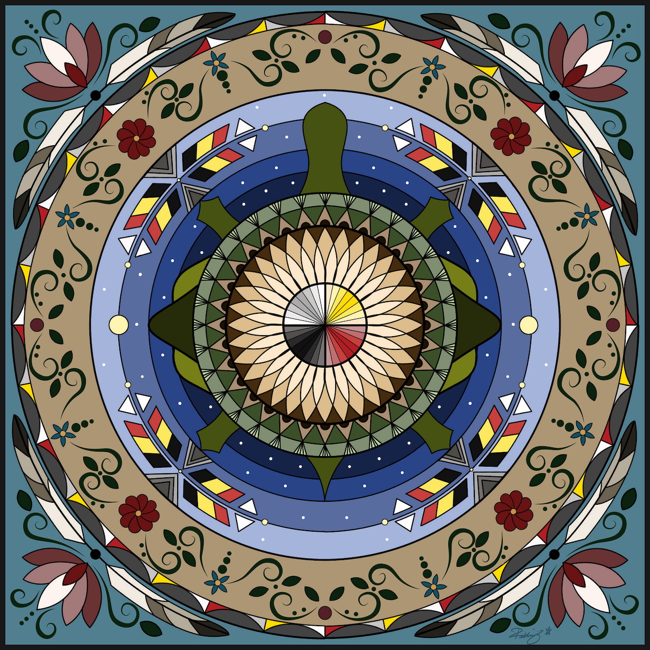 Colorful mandala with turtle at center, surrounded by geometric patterns and floral elements in circular symmetry