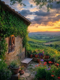 Stone cottage garden with flowers overlooking Tuscan hills at sunset with dramatic clouds and golden light