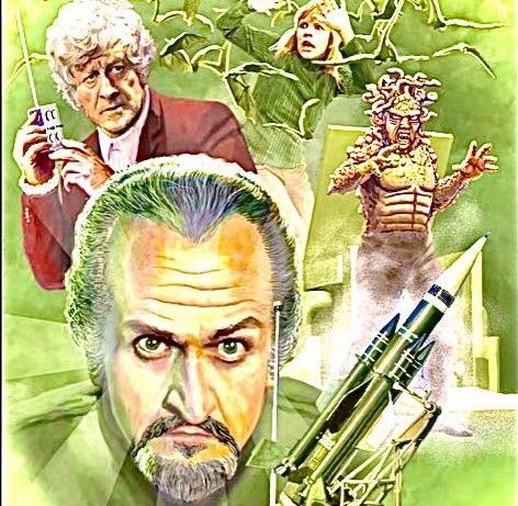 Illustrated collage of sci-fi characters including an older man, a woman, a tree creature, and a missile on green background