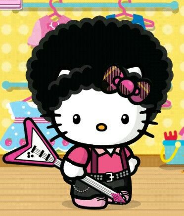 Hello Kitty cartoon character with afro hairstyle holding pink electric guitar in rock outfit