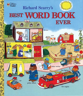Richard Scarry's Best Word Book Ever cover with cartoon animals in a busy town scene with fire truck and labeled items