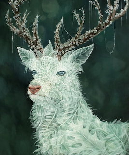 Translucent glass deer sculpture with crystalline antlers and plant details on dark teal background