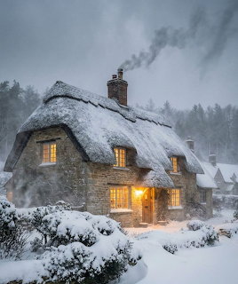 Snow-covered thatched cottage with glowing windows and chimney smoke in winter evening