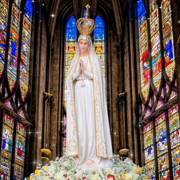Crowned Virgin Mary statue in a church with colorful stained glass windows