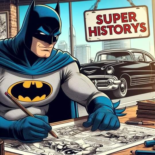 Illustration of Batman in classic costume drawing at a desk with vintage car and cityscape behind him