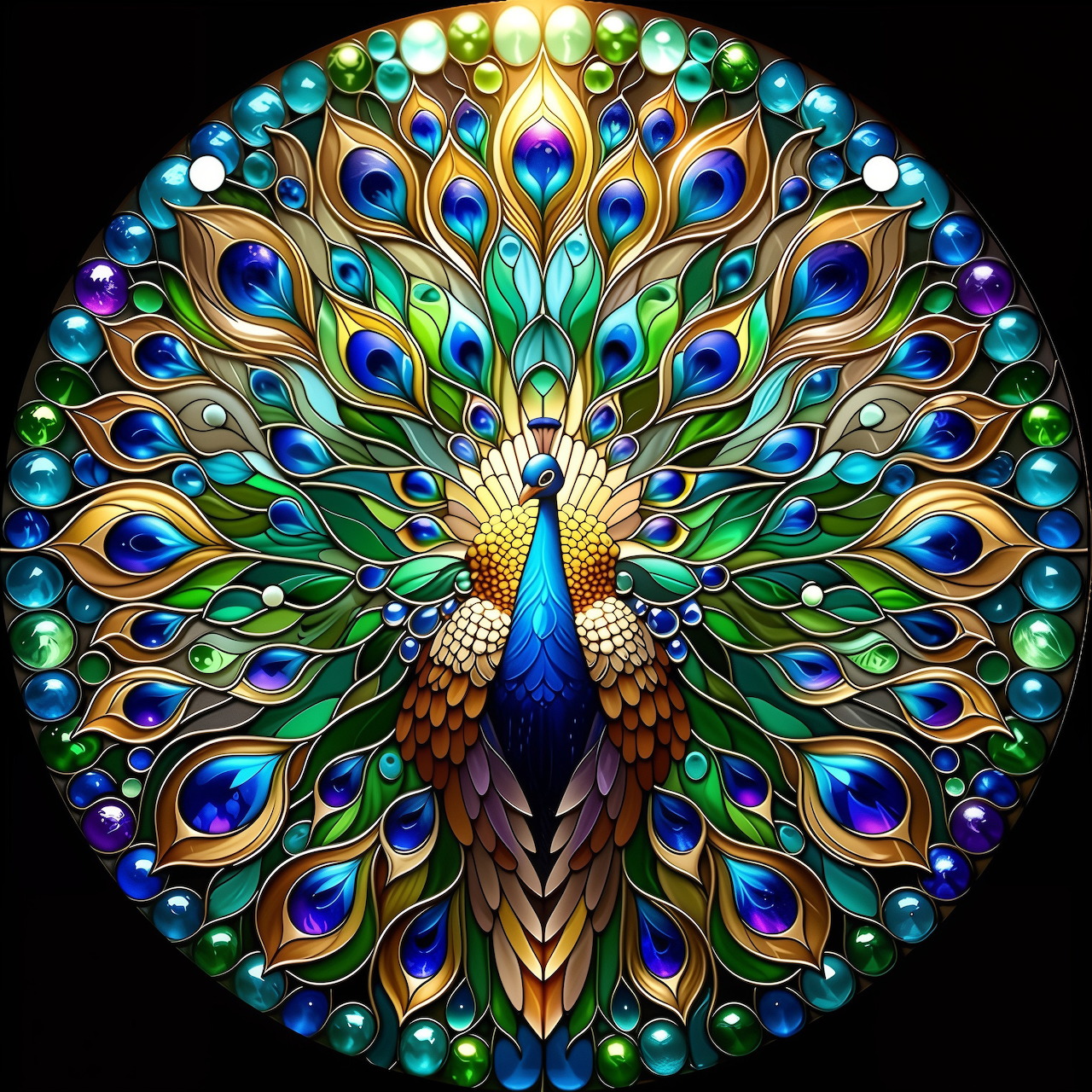 Ornate peacock with vibrant blue and green tail feathers spread in a symmetrical circular pattern