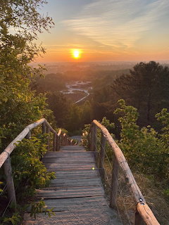 Wooden boardwalk descending toward sunset view over forested landscape with golden sky