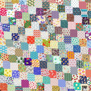 Colorful patchwork quilt with small fabric squares in various patterns and colors arranged in a grid
