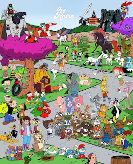 Large collage of diverse retro cartoon characters in a whimsical outdoor setting with pink and green landscape