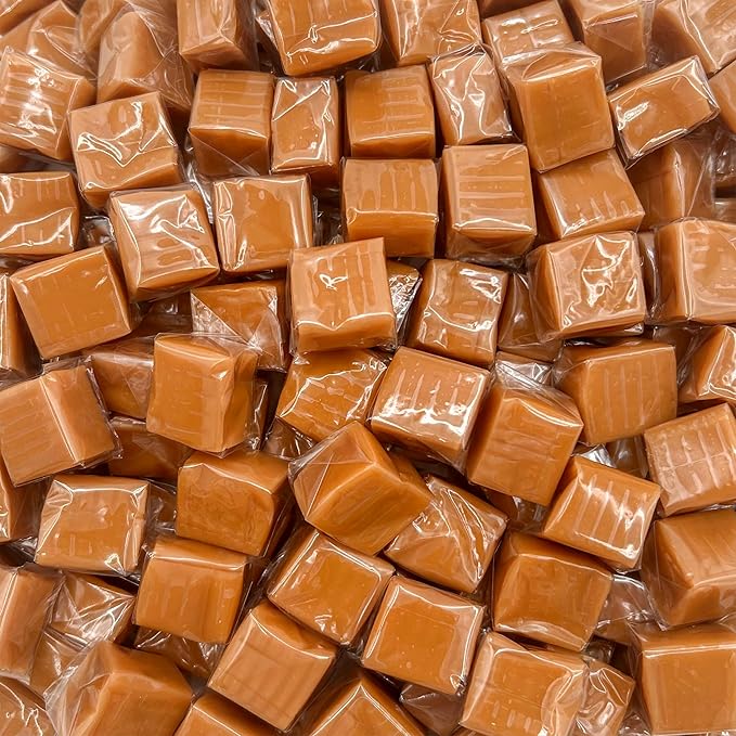 Close-up of a pile of wrapped caramel candies