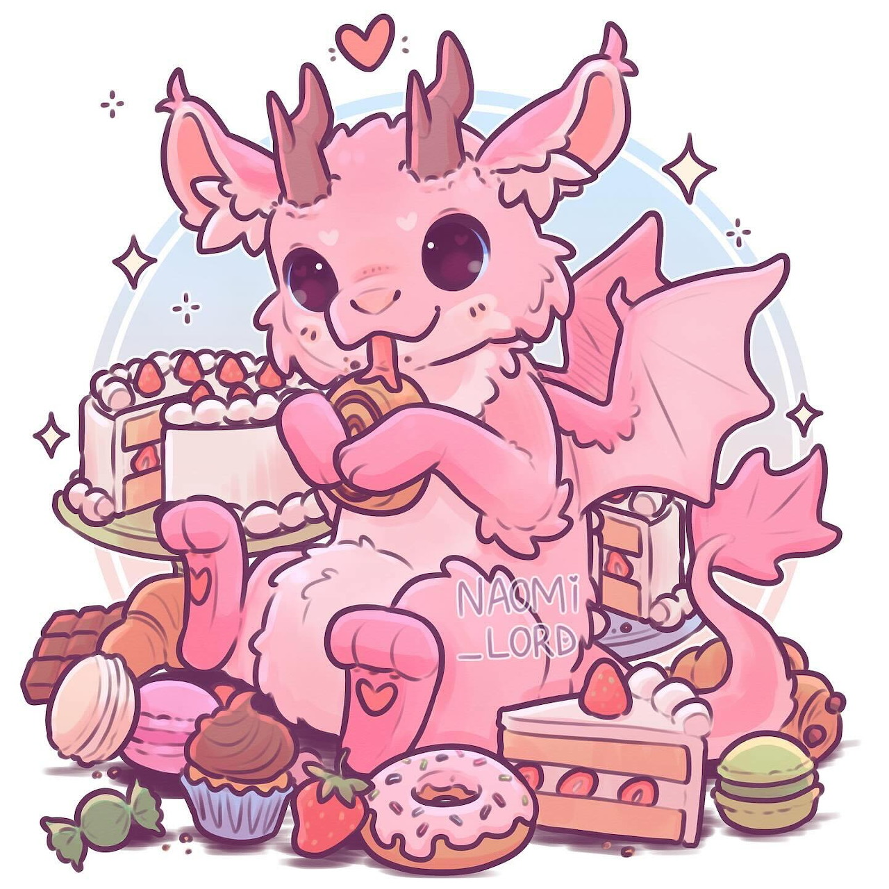 Cute Pink Dragon With Sweets