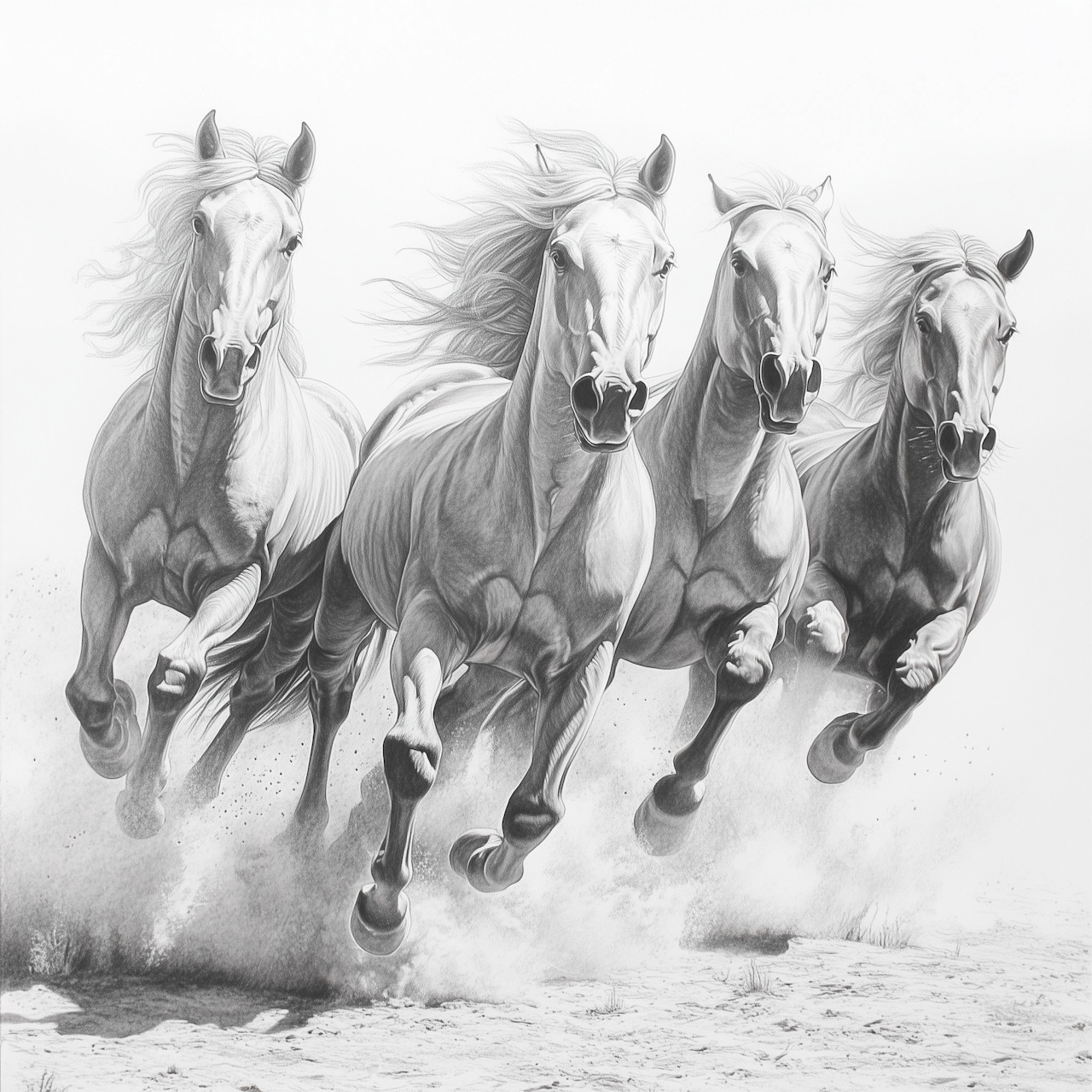 Black and white illustration of four white horses running through water