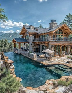 Luxury stone and wood mountain house with infinity pool and patio surrounded by pine trees