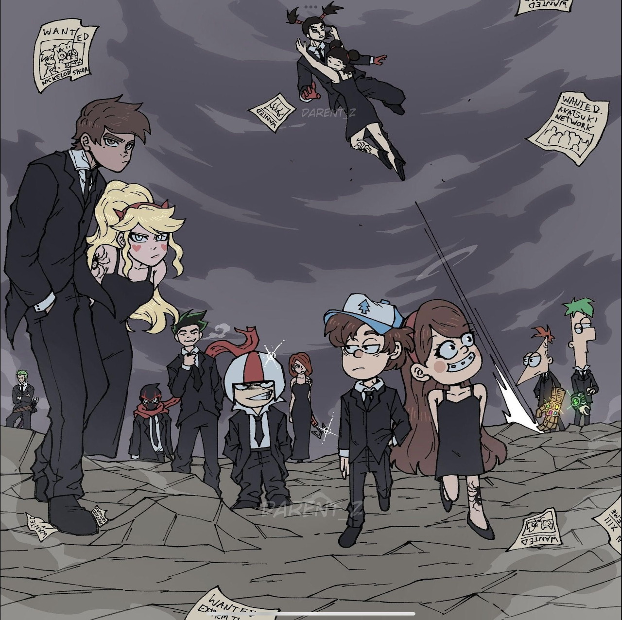 Cartoon characters in formal black outfits walking under a stormy gray sky with papers blowing around