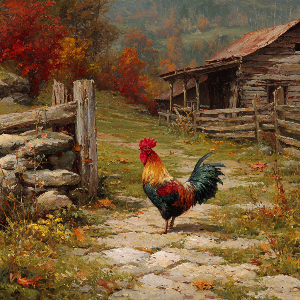 Colorful rooster on farm path with autumn trees and rustic barn