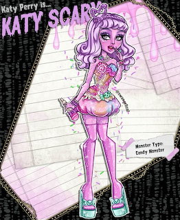 Monster High style illustration of Katy Perry as Katy Scary with candy-themed outfit and purple hair