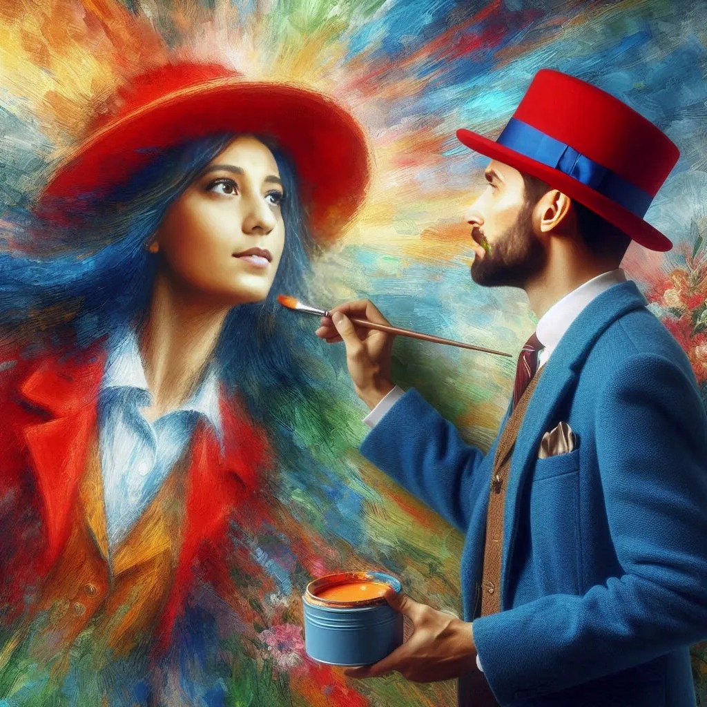 Artist in blue suit painting portrait of woman in red hat, surrounded by swirling colorful brushstrokes