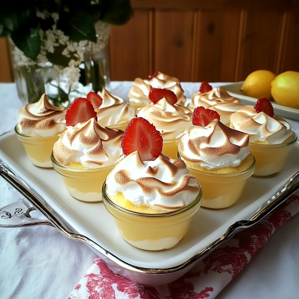 Lemon meringue verrines with strawberry slices on a white serving tray