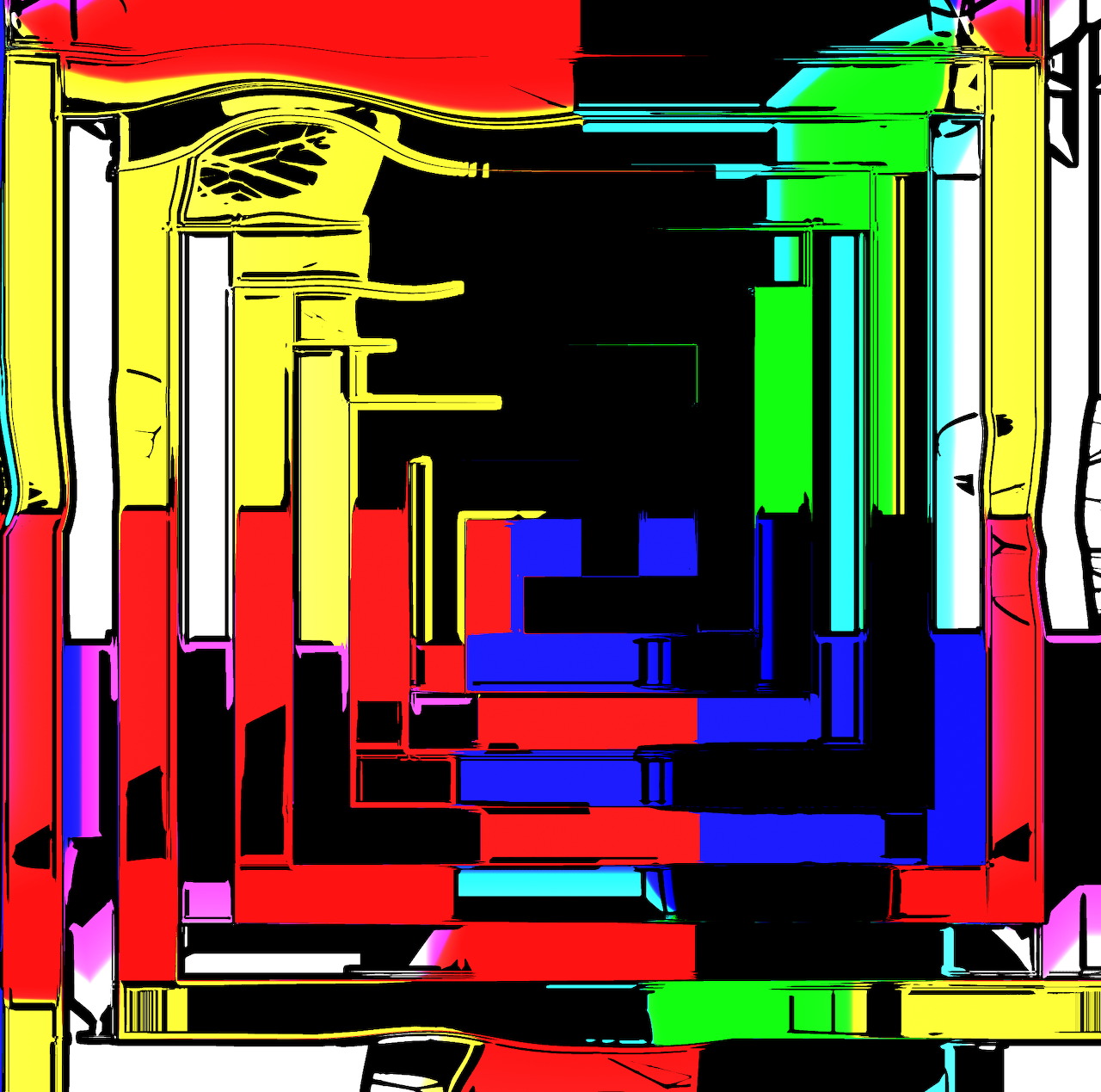 Abstract geometric composition with overlapping colorful rectangular blocks in red, yellow, green, blue, and black