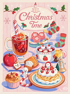 Illustration of Christmas sweets, hot cocoa, cookies, candy canes, and festive decorations