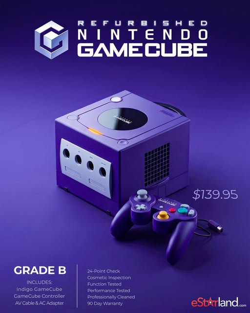 Refurbished Indigo Nintendo GameCube console and controller on purple background, priced at $139.95