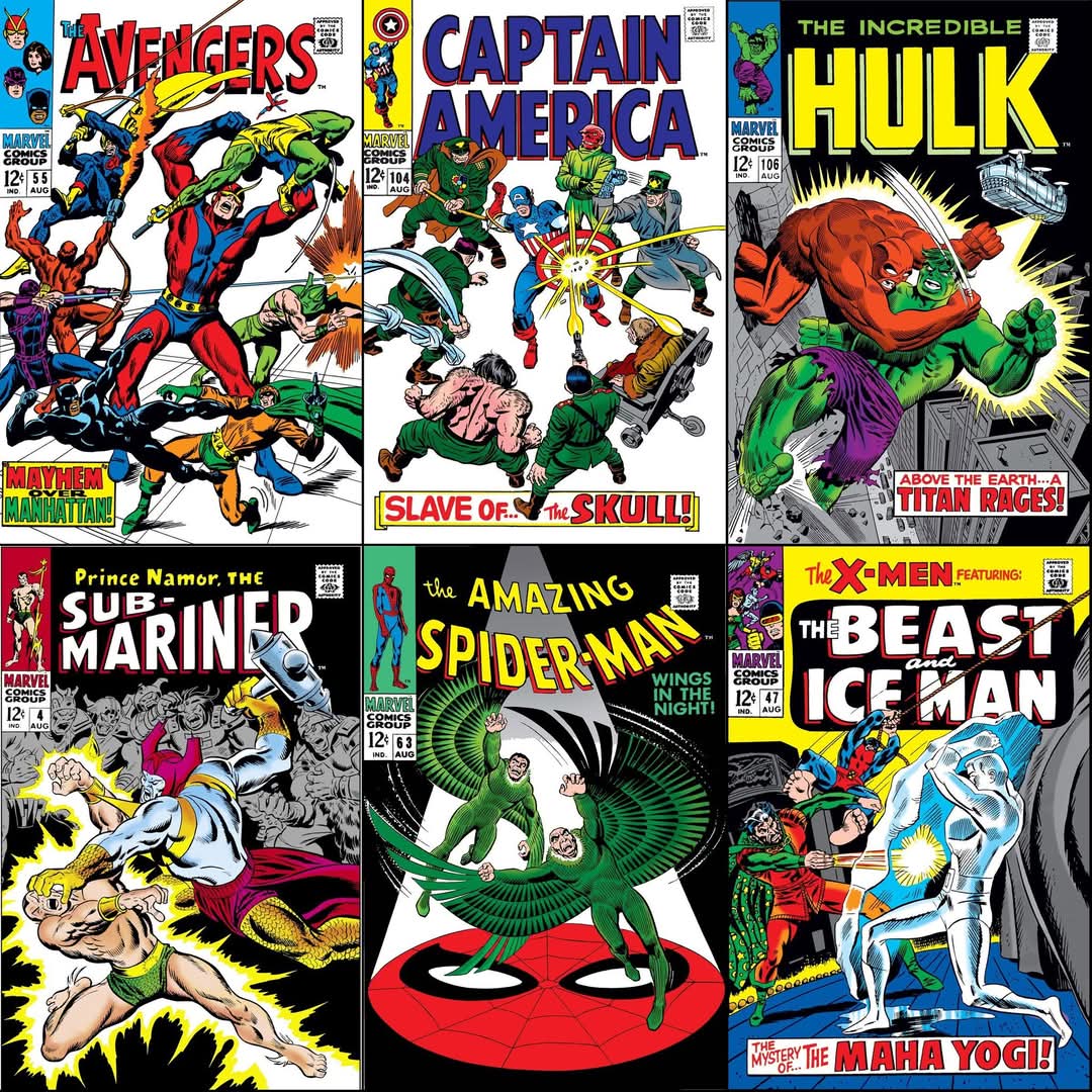 Six vintage Marvel Comics covers arranged in a grid showing classic superhero characters and action scenes