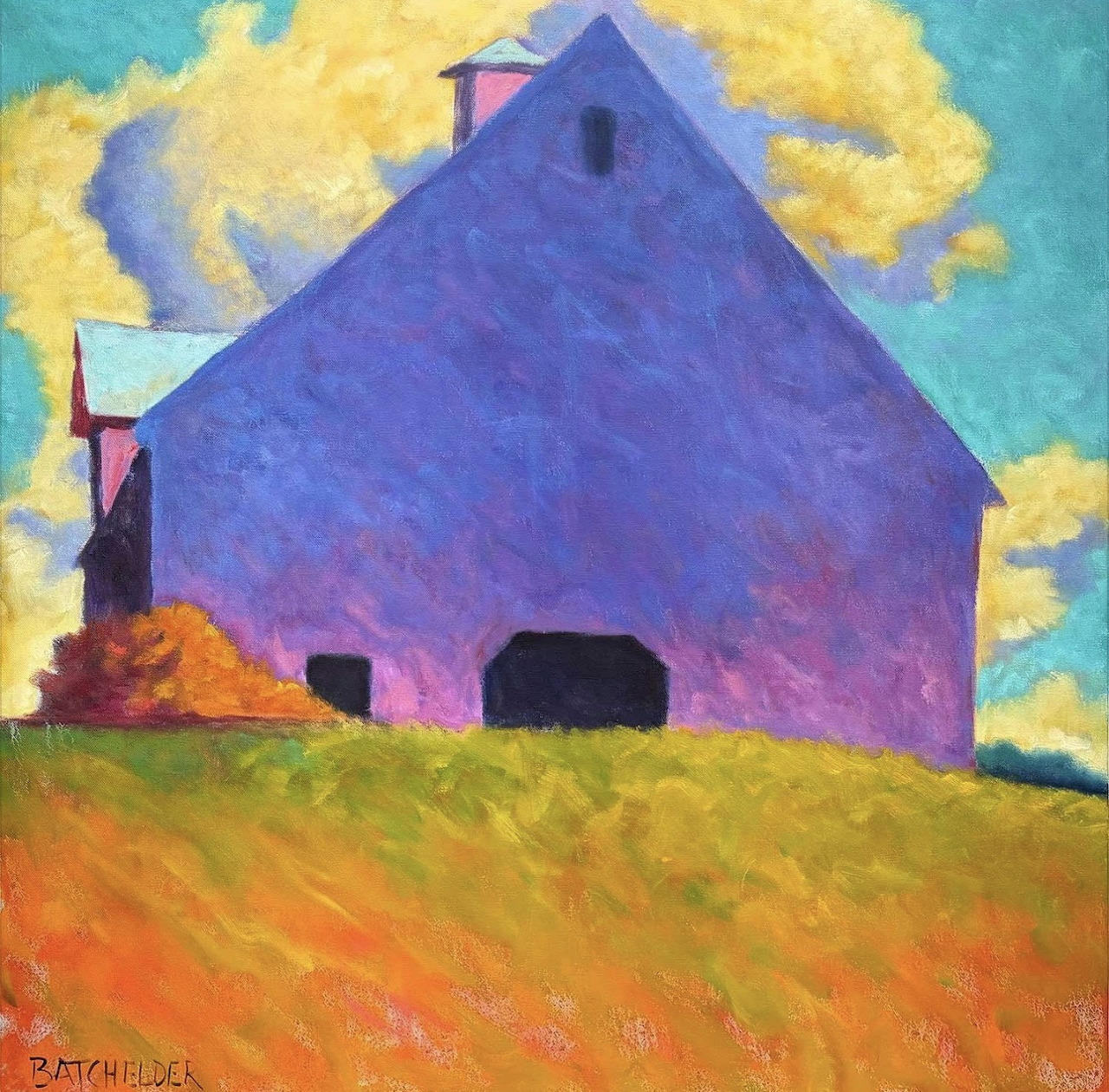 Colorful painting of a purple barn on a grassy hill with blue sky and yellow clouds