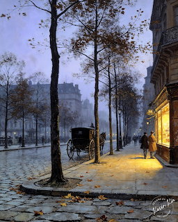Snowy Paris street at dusk with bare trees, historic buildings, and glowing street lamps