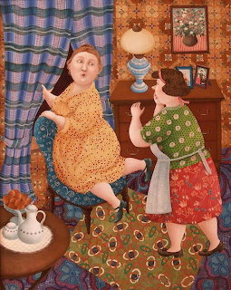 Illustration of woman in yellow dress standing in vintage living room with patterned rug and curtains