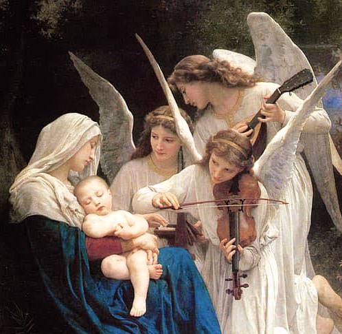 Classical painting of Virgin Mary holding sleeping baby Jesus with two angels playing musical instruments