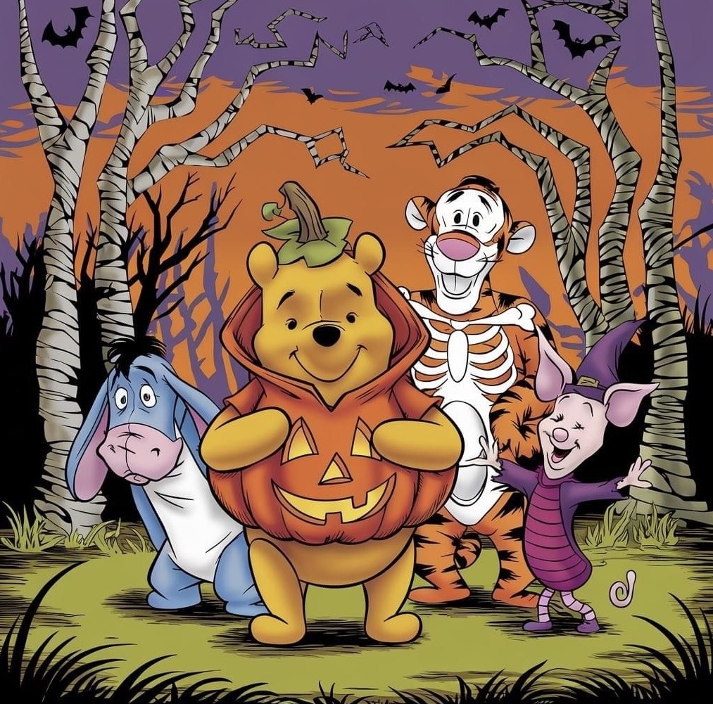 Winnie the Pooh holding pumpkin with Tigger, Piglet, and Eeyore in Halloween costumes among birch trees at dusk