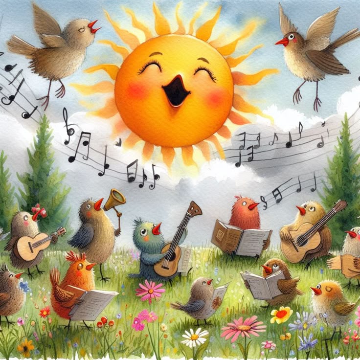 Illustrated birds playing instruments in a flower meadow under a smiling sun
