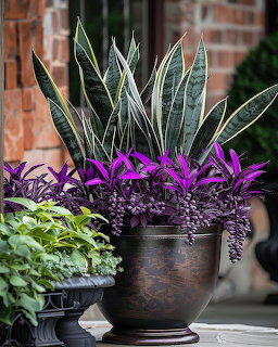 Ornate poted arrangement with snake plant, purple tradescantia, and trailing green plants on a porch