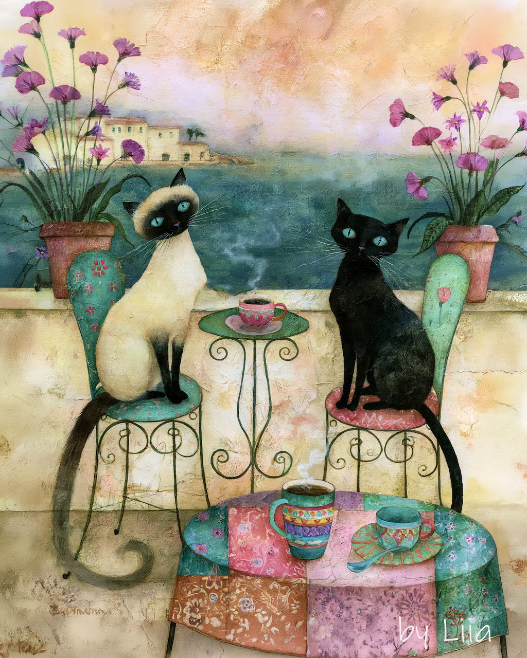 Painting of a Siamese cat and a black cat sitting at a small table with teacups and flowers