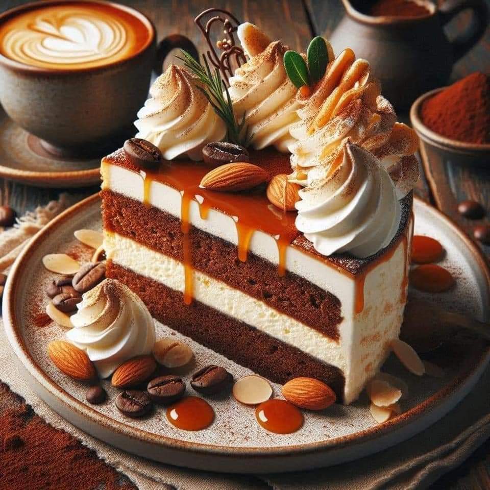 Slice of layered caramel cake with whipped cream, almonds, coffee beans, and a latte in the background