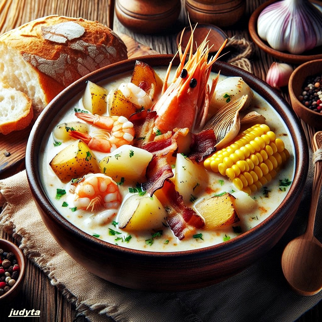 Bowl of creamy seafood chowder with shrimp, corn, potatoes, and bacon alongside bread and spices