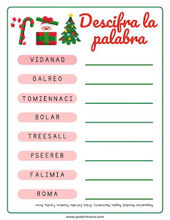 Christmas word scramble worksheet in Spanish with candy canes, a tree, and scrambled holiday words
