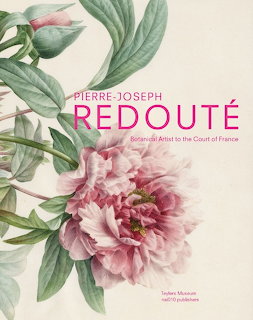 Botanical painting of a pink peony and green leaves with Pierre-Joseph Redouté text overlay