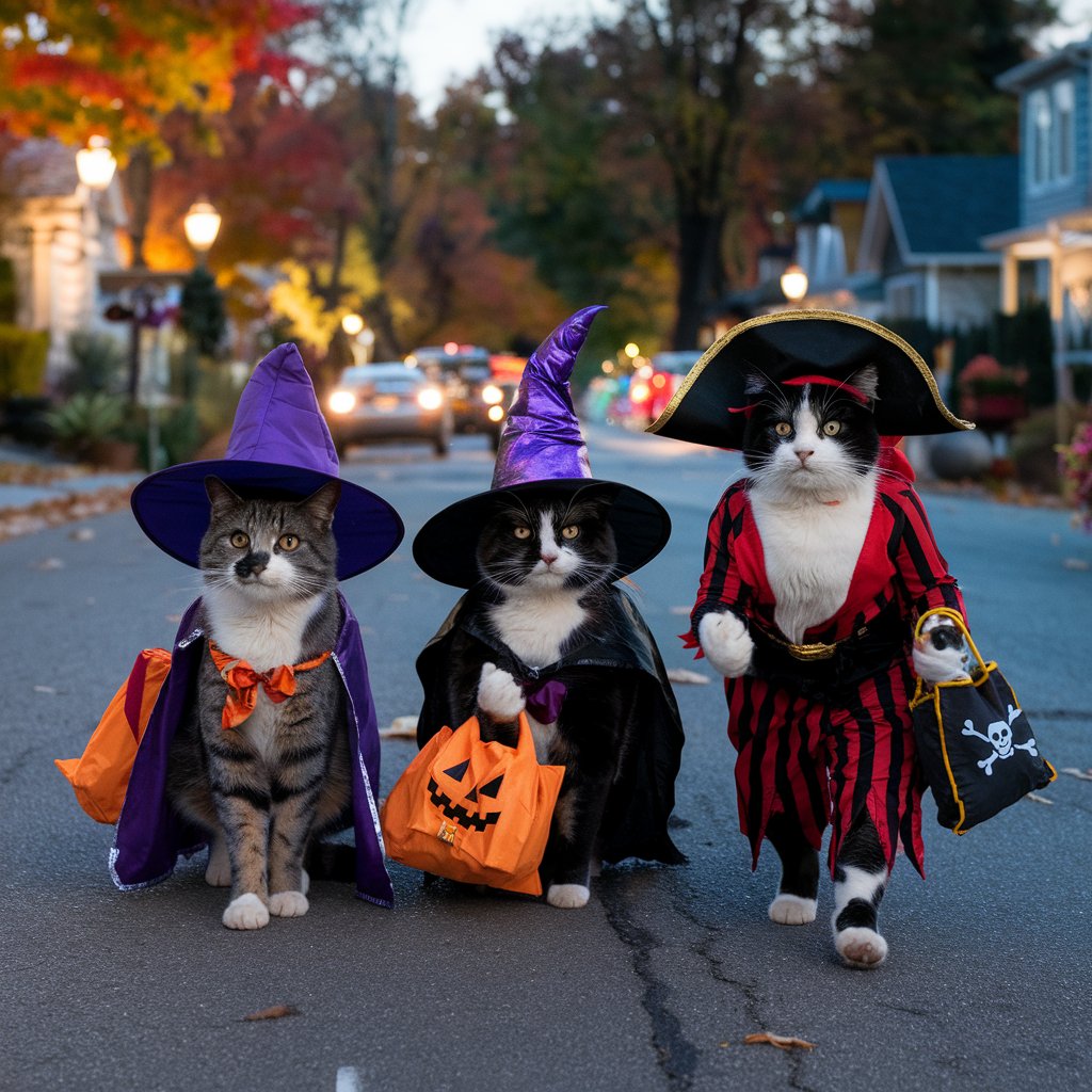 Three cats wearing witch and pirate costumes trick-or-treating on a neighborhood street at Halloween