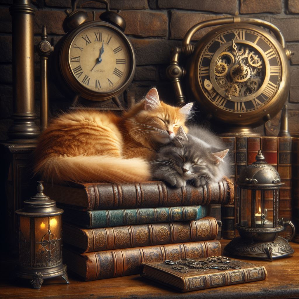 Orange and gray cats sleeping on stacked books with vintage clocks and brass steampunk décor