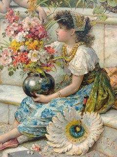 Woman in historical dress arranging colorful flowers in vase, seated with large decorative flower beside her
