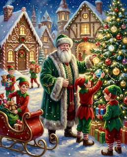 Father Christmas and Elves Decorating Tree