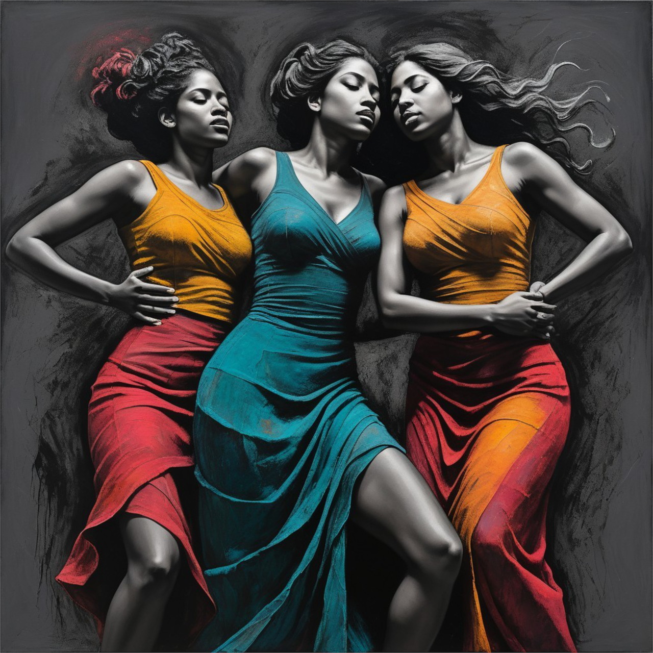Three women in orange, teal, and red dresses dancing in synchronized pose on dark background