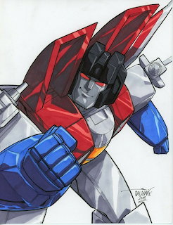 Hand-drawn illustration of Starscream from Transformers in a dynamic pose with red and blue armor