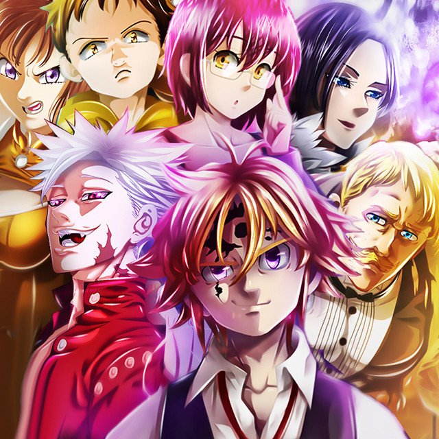 Anime group portrait of several colorful fantasy characters with dramatic lighting