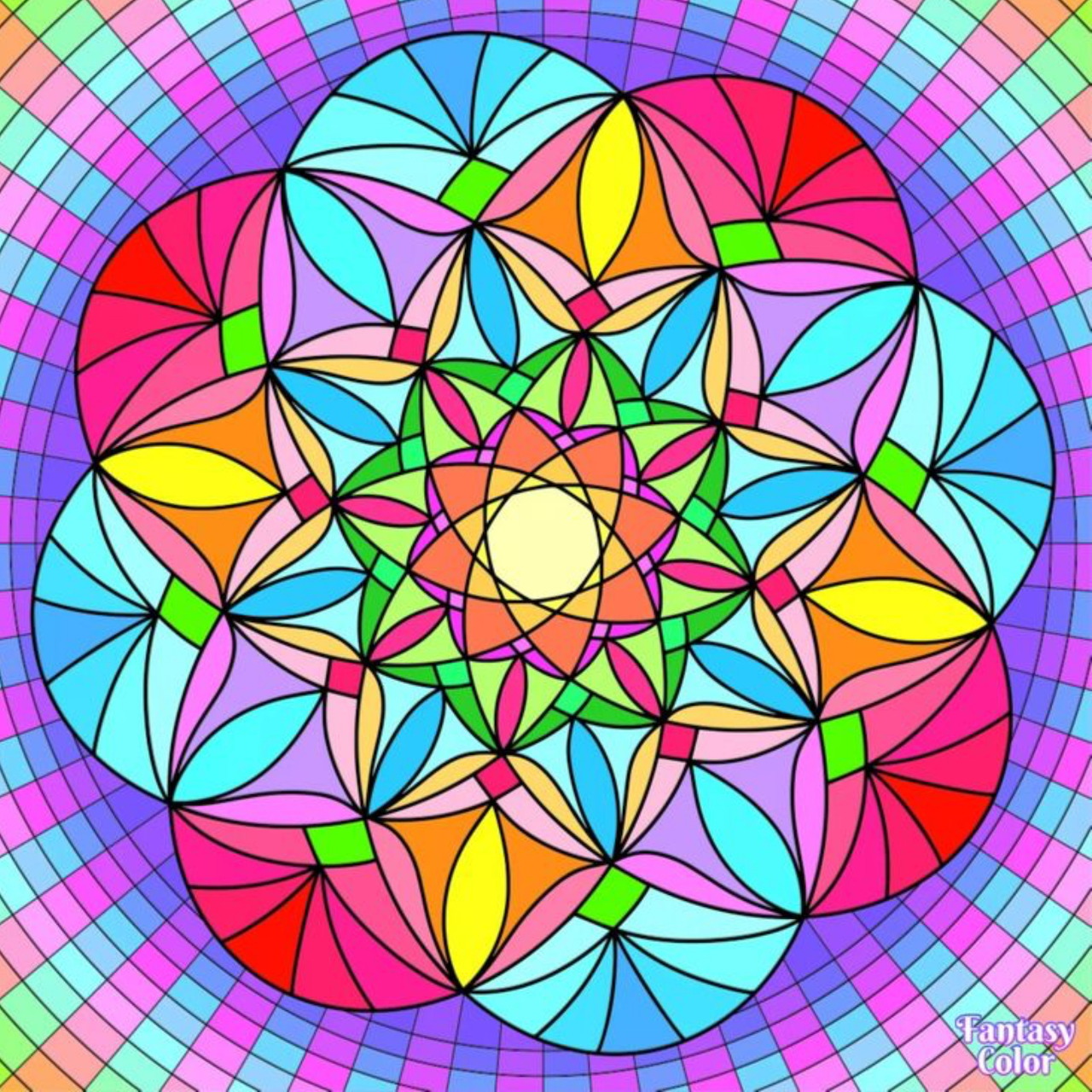Colorful geometric mandala with symmetrical rainbow patterns and checkered background