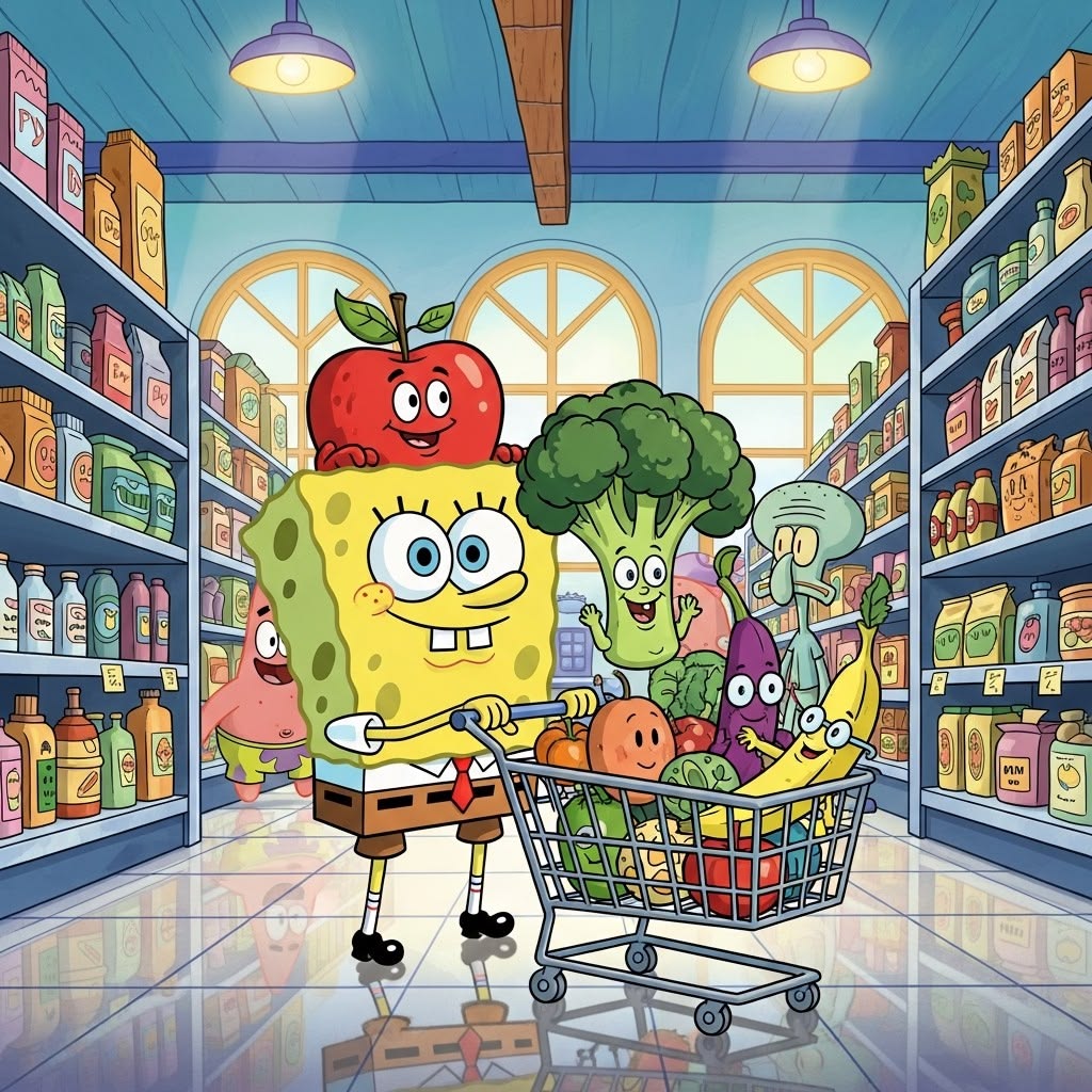 SpongeBob SquarePants with shopping cart of animated produce in grocery store